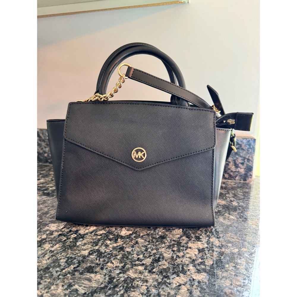 Michael Kors Black Saffiano Leather Satchel Crossbody‎ Bag Gold Hardware MK Logo